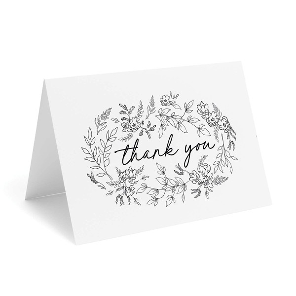 Bliss Collections Black Floral Thank You Cards with Kraft Envelopes, Pack of 25, 4x6 Folded, Tented, Bulk, Perfect for: Wedding, Bridal Shower, Baby Shower, Birthday, or just to say thanks!
