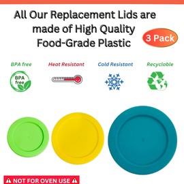 Klare Ware 2, 4 & 7 Cup Replacement Lids/Covers for Pyrex, Anchor Hocking & KlareWare Storage Bowls *Lids Only - Glass Container Not Included* (3 Pack *One of Each Size*, Spring Green, Yellow, Turq)
