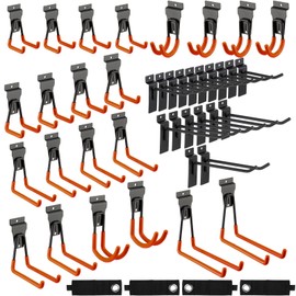 Landhoow 36 Pcs Slatwall Hooks & Hangers 32 Pcs Heavy Duty Slat Wall Hanging Hooks with 4 Pcs Storage Straps Assortment Slatwall Accessories for Storage Garage Wall Organization Garden Home(Orange)