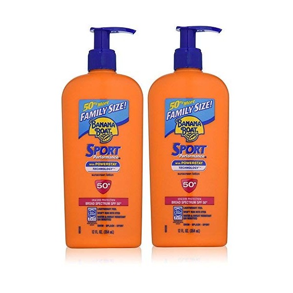 Banana Boat Sunscreen Sport Family Size Broad Spectrum Sun Care Sunscreen Lotion - SPF 50, 12 ounce (Pack of 2)