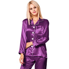 SWOMOG Satin Women's Pyjamas with Button Placket, Long Sleeve Sleepwear, Pyjamas Set, Two Piece Sleepwear Leisure Suit, purple