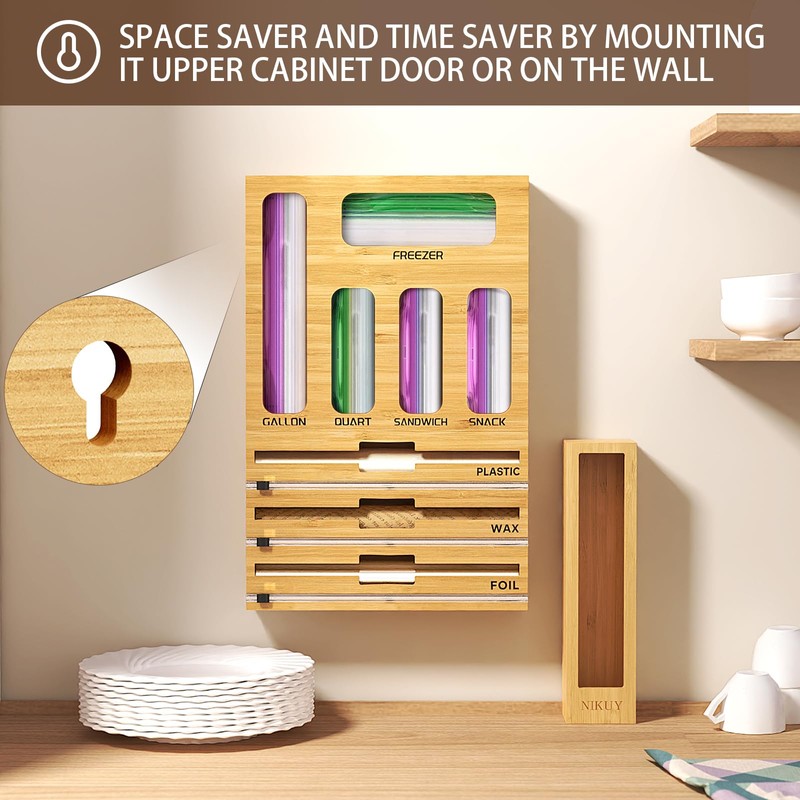 NIKUY 9 IN 1 Bamboo Foil and Plastic Wrap Organizer
