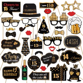 LINGTEER Happy 15th Birthday Party Photo Booth Props,Cheers to 15th Birthday Fifteen Years Old Bday Party Centerpieces Props Decorations Sign.
