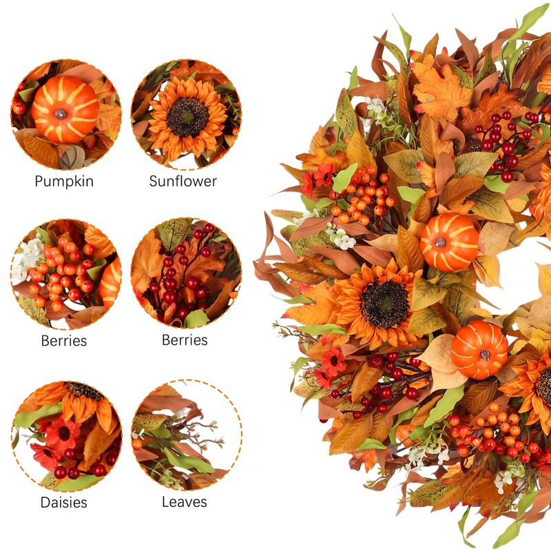 Large 24 Inch Fall Wreaths for Front Door, Farmhouse Autumn