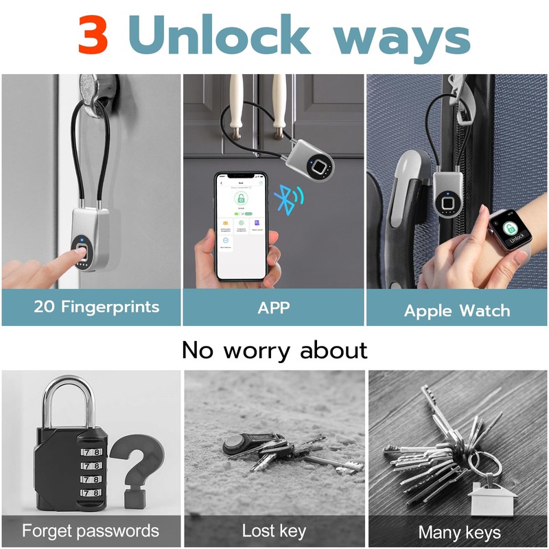Dhiedas Fingerprint Gate Lock, 3.6'' Long Cable Fingerprint Lock, Smart
