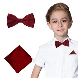 Chanseen Wine Red Bow Tie and Pocket Square for Boys Kids Pre Tied Adjustable Bowtie Handkerchief Set for Party Wedding Formal Costume Accessories