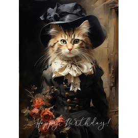 PIXILUV HAPPY BIRTHDAY Greeting card ~ Small Tabby Kitten in a Fancy Dress and Hat ~ Birthday Wishes Greetings Large Vintage Styled Card