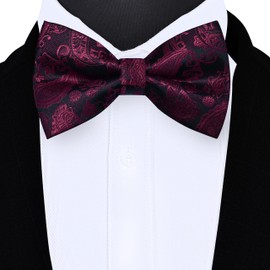 GUSLESON Maroon Bow Tie Pocket Square Set for Wedding Pre-Tied Wine Red Paisley Bowties Handkerchief Cufflinks for Men (0497-18)