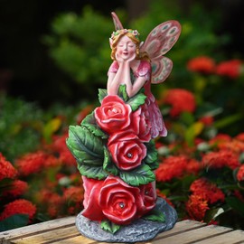NATASE Solar Garden Outdoor Statues Cute Flower Fairy with 7 LED Solar Figurine for Lawn,Patio, Balcony, Yard Unique Housewarming Gift, for Woman, Mom, Grandma