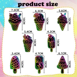 Qpout 48PCS Ice Cream Scratch Cards,Magic Rainbow Summer Sweet Dessert Scratch Off Cards, Fun DIY Activity for Kids, Birthday Party Favors, School Crafts, Hanging Ornaments Supplies