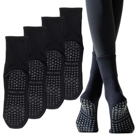 Yoga Pilates Non Slip Socks with Grips for Women (4 Pairs) Non Skid Gripper Crew Socks for Yoga Hospital Pilates Barre Home (Cotton, 11)