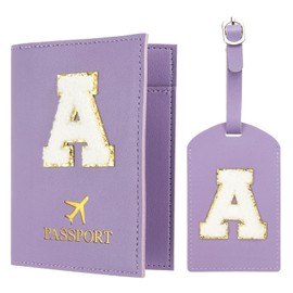 PATIKIL Passport Holder for Travel, Initial Passport Cover and Luggage Tag Set with Alphabet Chenille Letter Patch Travel Wallet Bag Suitcase Identifier for Women Family Travel Purple A
