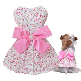 MSNFOASM Floral Print Dog Dress with Satin Bow and Pearl for Small Dogs Girl, Cat Apparel,Pink, Large