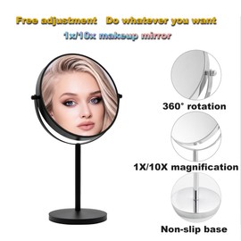owosald 8" Desktop Makeup Mirror, Black Desktop Makeup Mirror, Magnification 1X/10, 360° Rotation Adjustment