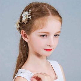 Wedding Flower Girl Hair Combs Bridal Rhinestones Hair Clips Pearl Hairpins Hair Accessories with Gold Leaves for Women and Girls (Silvery, One Size)