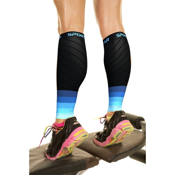 Calf Compression Sleeve Men & Women - Shin Splints Support, Footless Compression Socks for Calf Support, Achilles Tendon Support, Leg Cramps, Varicose Veins, Maternity, Nurses (1 Pair BLK-BLU L/XL)