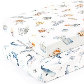 Stretchy Ultra Soft Jersey Knit Fitted Pack n Play Sheets Set 2 Pack, Portable/Mini Crib Sheets for Girls, Universal Fit for Pack N Plays Safe and Snug, Cute Sea Fish & Space Print
