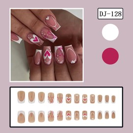 Valentines French Tip Press on Nails Square Short Fake Nails Glossy Acrylic Nails Heart False Nails Full Cover Artificial Nails Valentines Stick on Nails Reusable Glue on Nails for Women