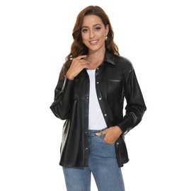 Fahsyee Women Faux Leather Shacket, Moto Biker Shirts Loose Fit Blazer with Long Sleeves Button Casual Jacket Black Plus Size XL