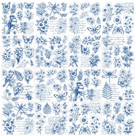 GOMAKERER 12 Sheets Rub-on Transfer Stickers with Blue Flowers Birds for Crafts 12 Style Retro Blue Flowers Butterfly Heat Transfer Films Transfer Furniture Stickers for Arts Crafts Stickers