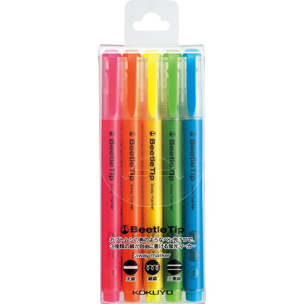 KOKUYO Beetle Tip 3-Way Highlighter Pen, 5-Color Set (PM-L301-5S)