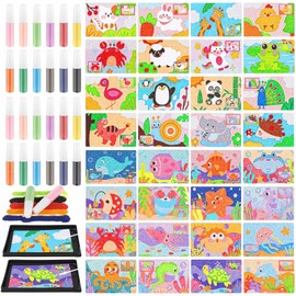 Tenceur 60 Pcs Kids' Sand Art Kits Color Sand Art Pictures Peel and Stick 12 Color Sand Art Kit 31 Pcs Sand Painting Board 2 Sand Painting Tray 2 Brush 24 Sand Art Bottles for Kids Color Sand Art Kit