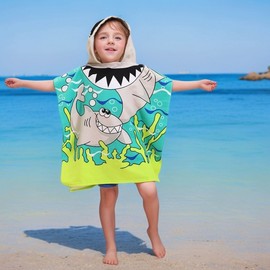 Junior Beach Robe Kids Bath Towel Cape Microfiber Children's Hooded Cartoon Bathrobe Free Size/Blue Shark 4ea