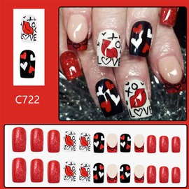 Valentine's Day Press on Nails Short Square Red Lips Red Heart Design Fake Nails Valentines Day Acrylic Nails Glossy Red French Tips Glue on Nails Artificial Full Cover Stick on Nails for Women 24Pcs