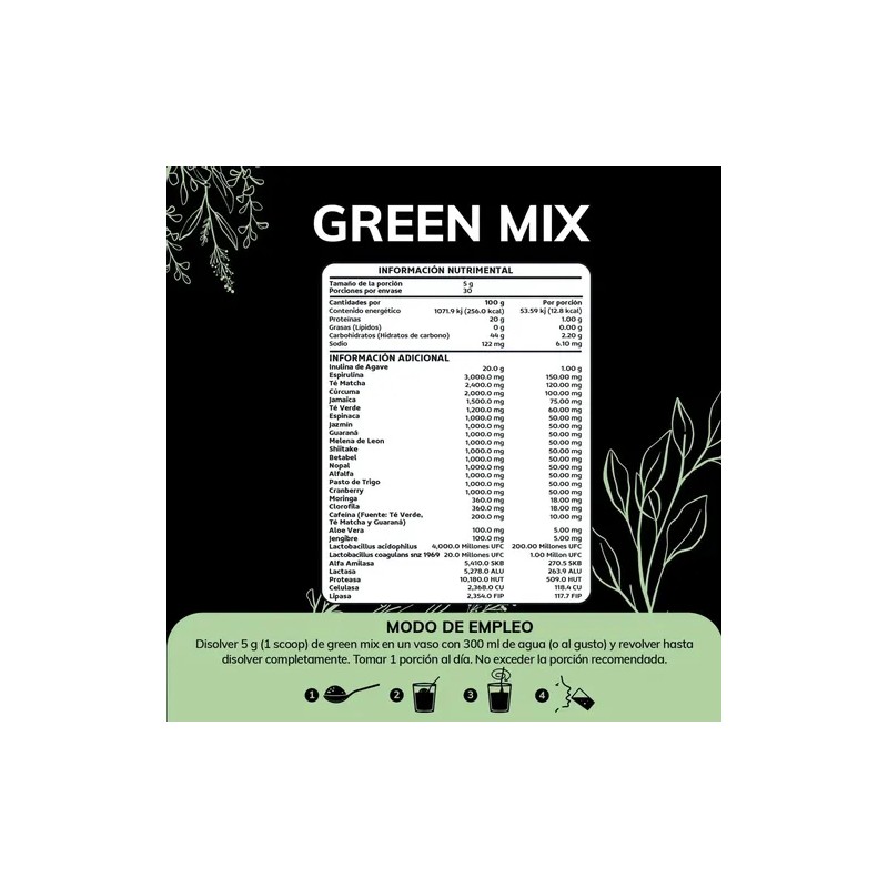 Green Mix Jugo Verde, Matcha, Espirulina, Té Verde, Espinaca, Clorofila,