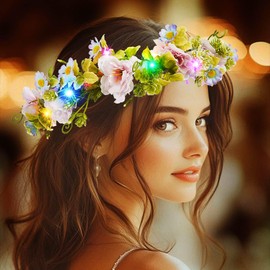 Atigy Light Up Flower Headbands LED Wreath Head Garland Floral Festival Hair Accessories for Women