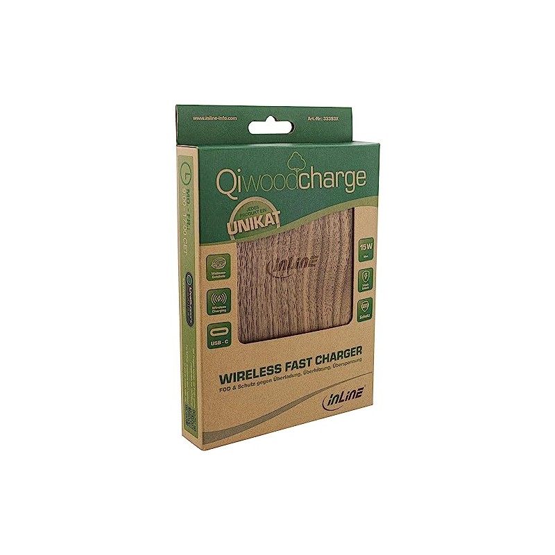 InLine® Qi Woodcharge, Wireless Fast Charger, Smartphone Wireless Charging, 5/7.5/10W/15W,