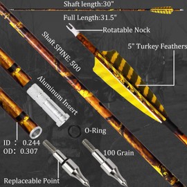 30 Inch Camo Carbon Arrows 500 Spine Archery Hunting Arrows with 4" Turkey Feather and Removable Tips Target Arrows for Compound Bow Recurve Bow Traditional Bow (12, Yellow)