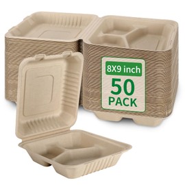 Aricsen Compostable 50 Pack 8x9 Inch Disposable Square Small Lunch Box Takeout Containers with Lid To Go Take Out Clamshell for Food, Eco-Friendly Biodegradable Bagasse, PFAS-Free, Unbleached Brown