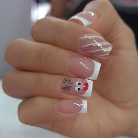 Christmas Press On Nails Medium, Christmas Nails Glue On，24Pcs Christmas Fake Nails With Glue, Christmas Nails Press On With White French and Elk Stripes Design，Stick On Nails for Women