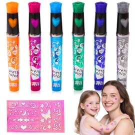 6 Piece Glitter Tattoo Set, Tattoo Pens, Tattoo Pens with Sticker Stencil, Perfect for Girls and Boys, Birthday Parties, Carnival and Christmas