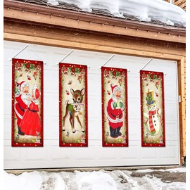 Large set of 4 Vintage Christmas Decorations Santa Claus Stretching Portraits Outdoor Vinyl Christmas Decoration, Vintage Christmas Backdrop Poster for New Year Indoor Outside Front Garage Door