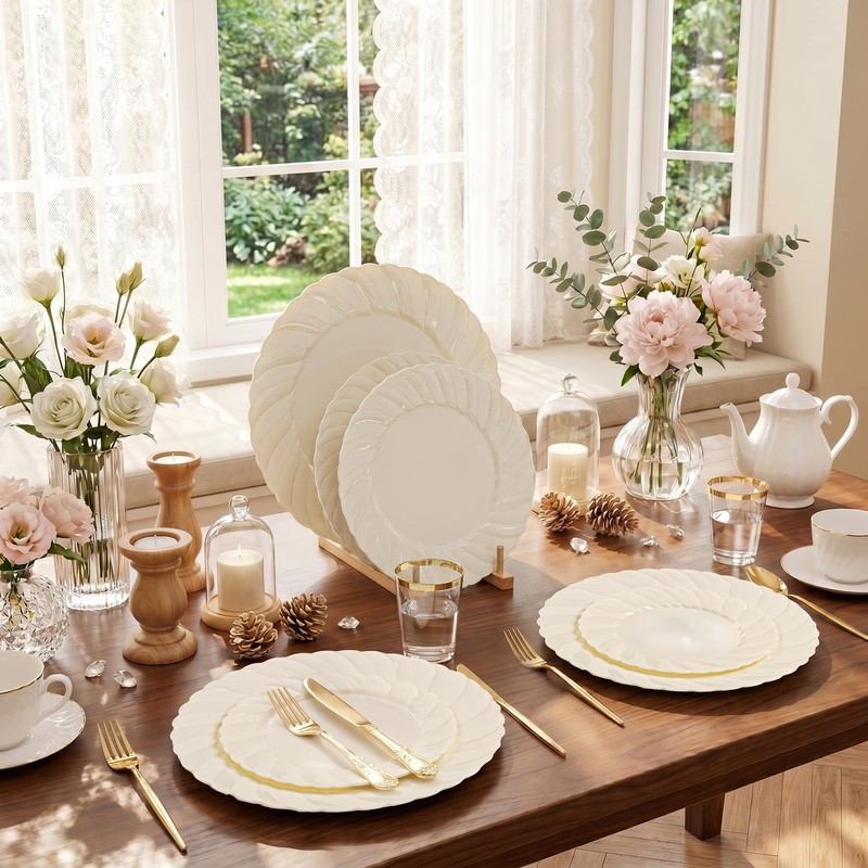 U-QE 60PCS Ivory Plastic Plates for Party – Scalloped Disposable