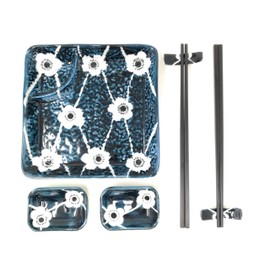 TJ Global Ceramic Square Shape Japanese Sushi for 2 Set, One Plate, Two Chopstick Holders, Two Pairs of Chopsticks, and Two Soy Sauce Dishes, Glazed with Flower Design