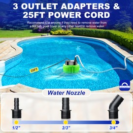 UniWater Pool Cover Pump above Ground-Submersible Sump Pump Swimming Water Removal Pumps, Sump Pumps for Pool Draining with 16ft Drainage Hose & 25 ft Extra Long Power Cord,850 GPH,3 Adapters-Green