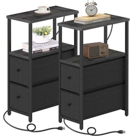 TUTOTAK Small Narrow End Table with Charging Station, Set of 2, Side Table with Outlets, Nightstand with 2 Cloth Drawers, Couch Table, for Living Room, Bedroom, Bedside, Charcoal Grey TB01BY055