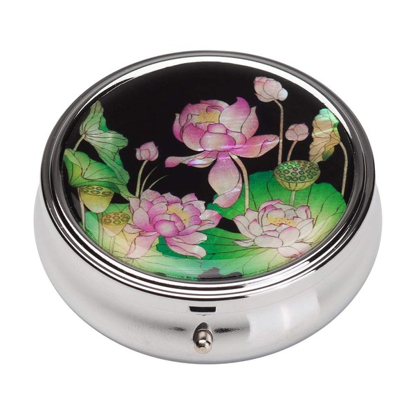 Mother of Pearl Pill Box - Compact 3 Compartment Portable Round Travel Camping Vitamin Medicine Case Holder Container Organizer for Pocket Purse (Lotus)