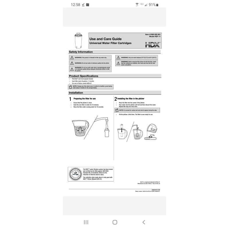 HDX (4 PACK) HDX UNIVERSAL WATER FILTER CARTRIDGE MODEL# QF-11
