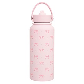 Cosmeria Thermos Flask with Bow Design, 32 oz Stainless Steel Insulated Drinking Bottle, Pink Thermos Flask for Women, Girls, Teens, Birthday Gift