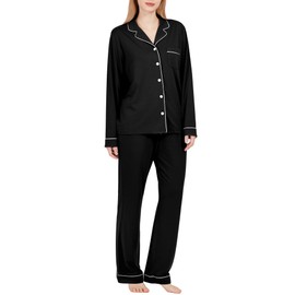 BAMBOO COOL Pajamas Set for Women Comfy Lounge Set Button Down Sleepwear Long Sleeve Pj Set Black, L