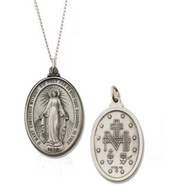 RP 925 Sterling Silver Polished Antiqued-Finish Miraculous Virgin Mary Double Sided Oval Pendant Medal Necklaces; 13mm X 20mm Includes 18" Sterling Silver Chain