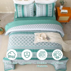 Heymybed Boho Quilt Set Queen Size Green Coverlet Bedspread Bohemian Striped Bed Cover Microfiber Soft Lightweight Bedding Sets for All Seasons (96"×90")