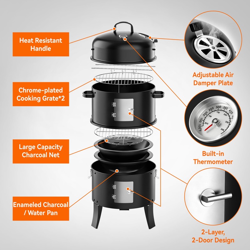 18 Inch Vertical Charcoal Smoker, 3-in-1 Heavy Duty
