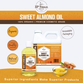 ORGANIC SWEET ALMOND OIL (32 oz) Premium Cold Pressed Unrefined | 100% Pure Sweet Almond Oil for Skin, Face, Hair, Soap Making | Carrier for Essential Oils | Available in Bulk | 32 FL OZ