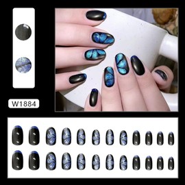 Dark Blue Glitter Press on Nails Butterfly False Nails French Tip Full Cover Fake Nails Glossy Medium Oval Acrylic Nails Artificial Stick on Nails for Women