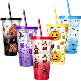 dididudi 5PCS Halloween Color Changing Cups, 710ML Iced Plastic Drink Cup with Lid and Straw, Plastic CupSpooky Ghost Pumpkin Witch Reusable Cups for Halloween Party Supplies